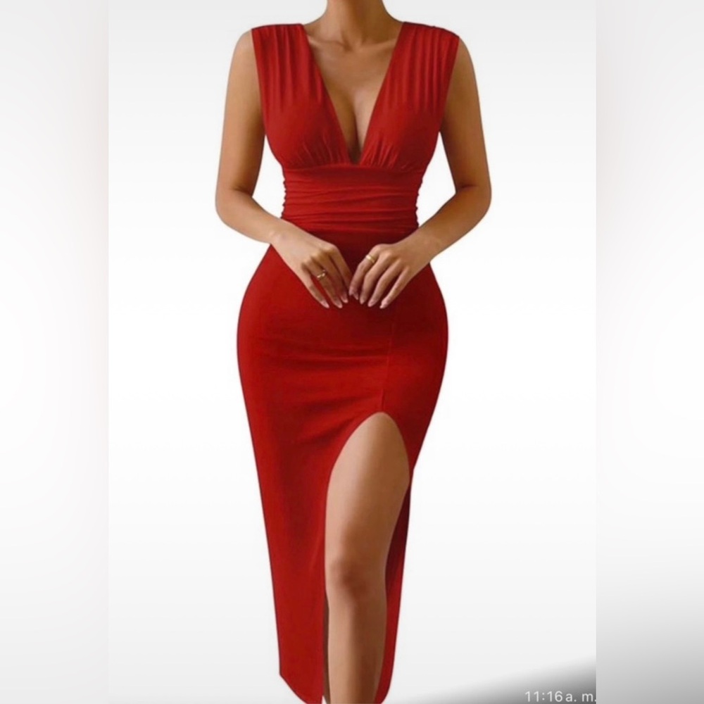 Red Deep V-Neck Midid Length Cocktail Dress - Picture 3 of 5